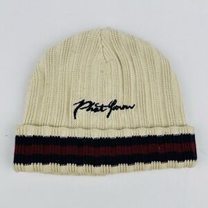 Vintage 90s Phat Farm Rib Knit Beanie Hat Cream Stripe Streetwear Hip Hop